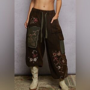 156. Night Bloom, floral embroidered joggers, Black, various sizes